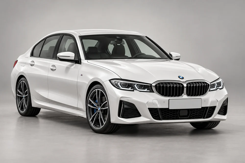 AI-generated studio-style illustration of a white BMW 3 Series